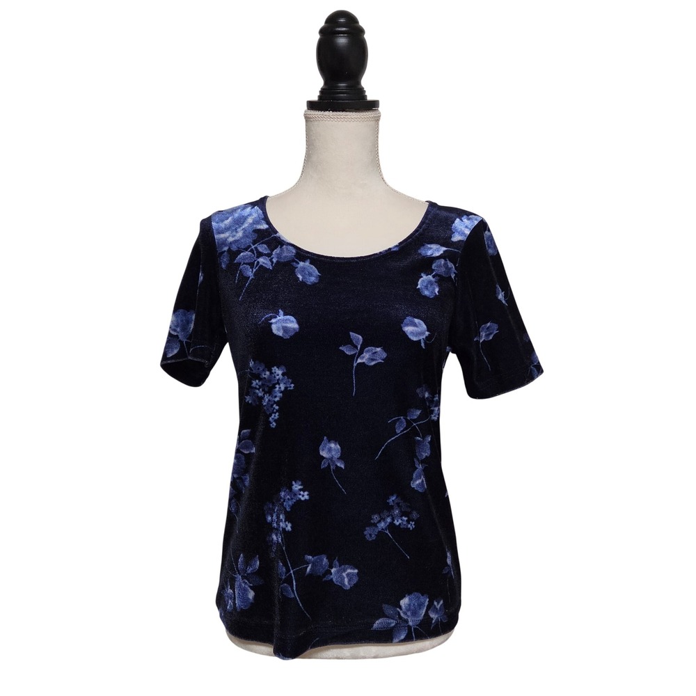 90s Grunge Navy Velvet Blue Floral Short Sleeve Top Size S Whimsigoth